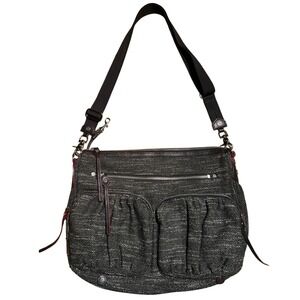 MZ Wallace Tweed Leather Trim Shoulder Crossbody Bag Black Gray 15" W x 12" H